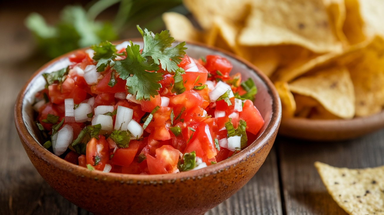 A bowl of chipotle tomato salsa with diced tomatoes and onions, garnished with cilantro, alongside tortilla chips on a rustic table.